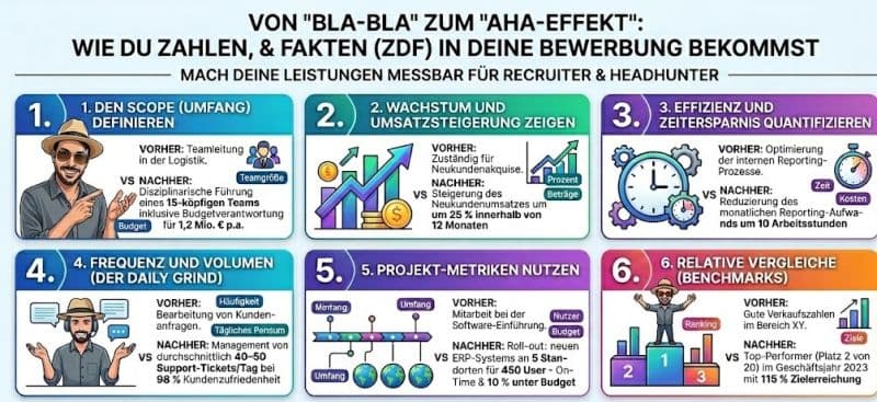 Von „Bla-Bla“ zum „Aha-Effekt“: Wie du Zahlen & Fakten (ZDF) in deine Bewerbung bekommst - Illustration zum Thema Persönlichkeit